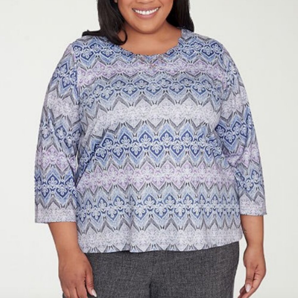 Alfred Dunner Plus Womens Round Neck 3/4 Sleeve Lace Blouse, 3x, Gray